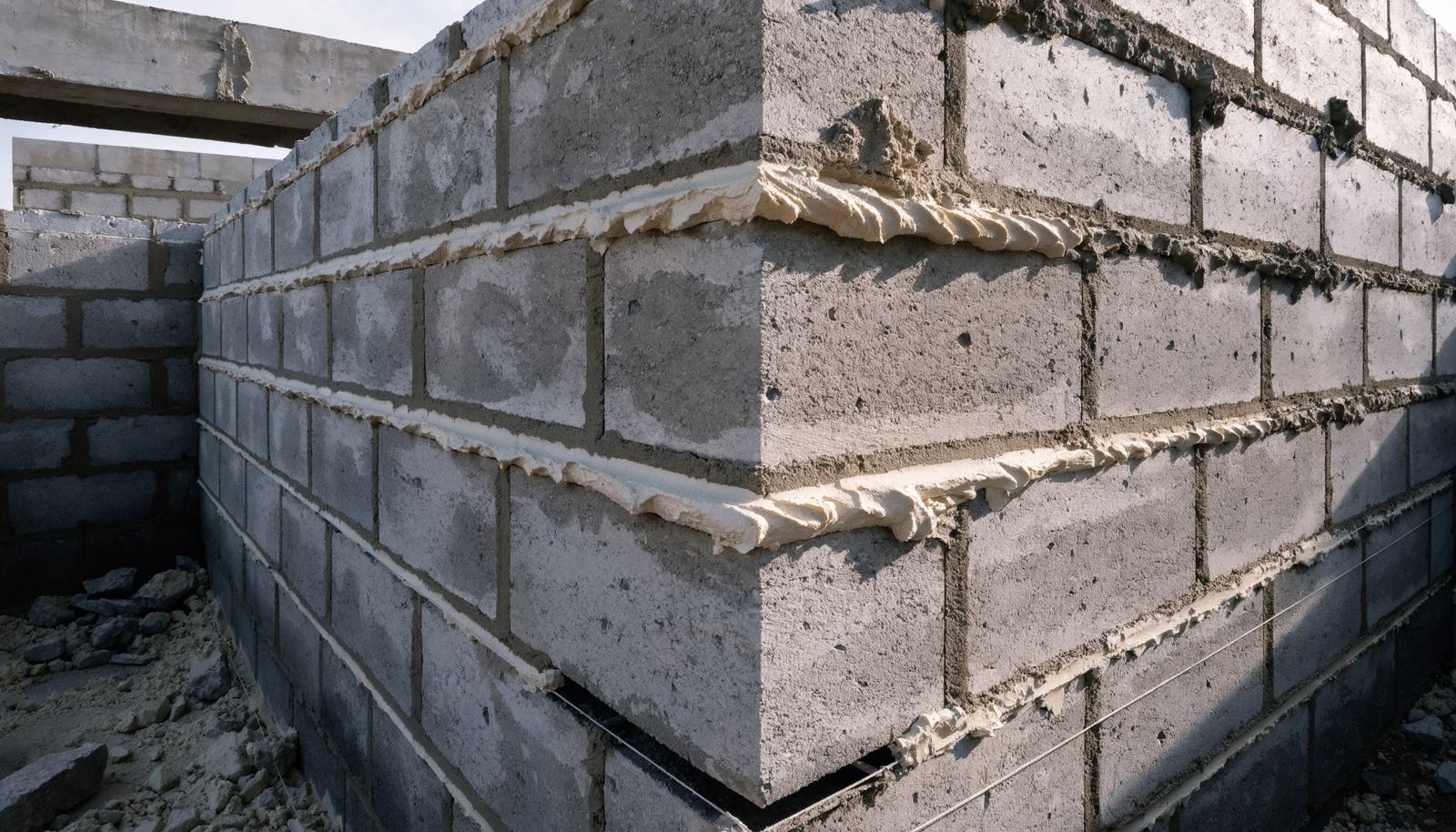 Angle de mur en parpaings en cours de montage, joints frais et cordeau tendu